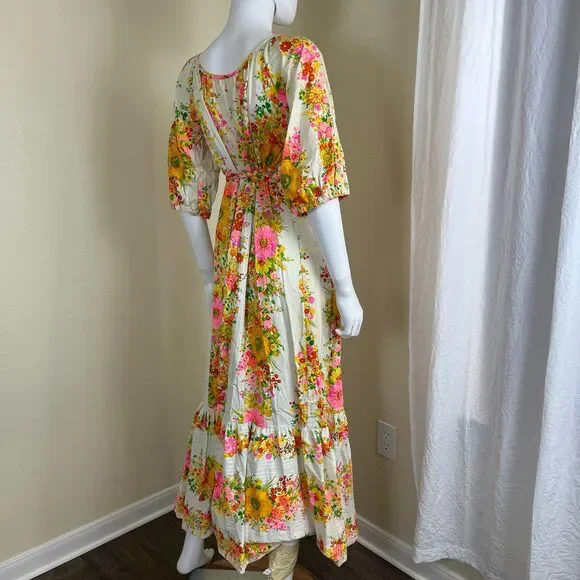 Vintage Miss Elaine Women Size S Floral Ruffle Maxi Dress 70s Retro Boho Peasant - Picture 13 of 17